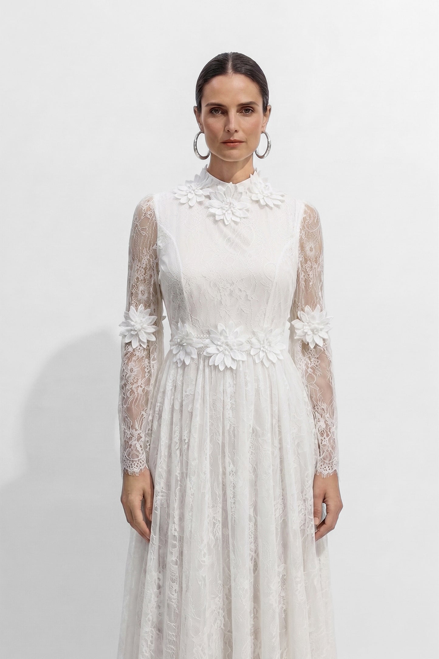 Bright Beauty White Floral Applique Sheer Lace Maxi Dress