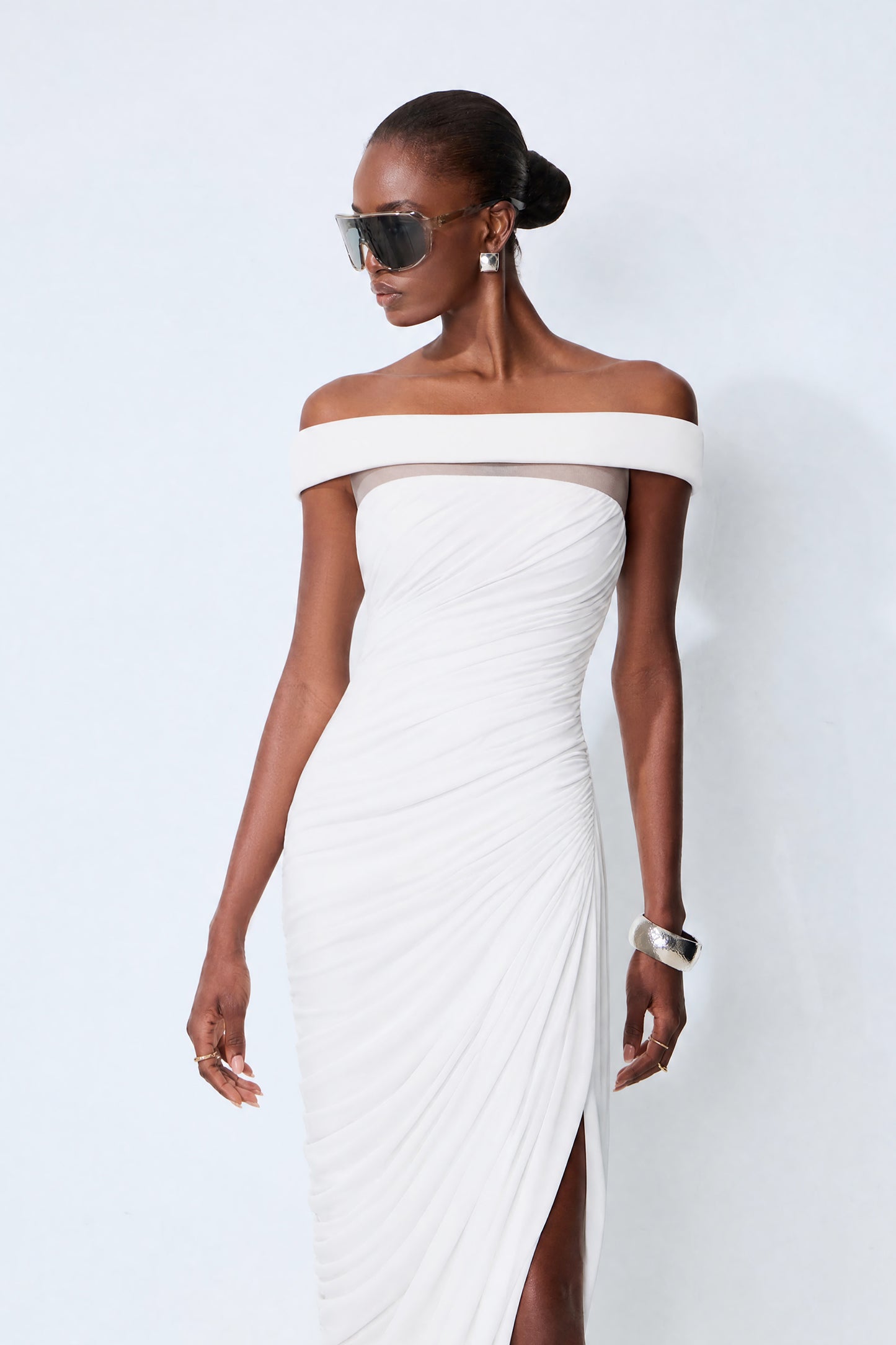 Monaco Mood White Off Shoulder Asymmetric Maxi Dress