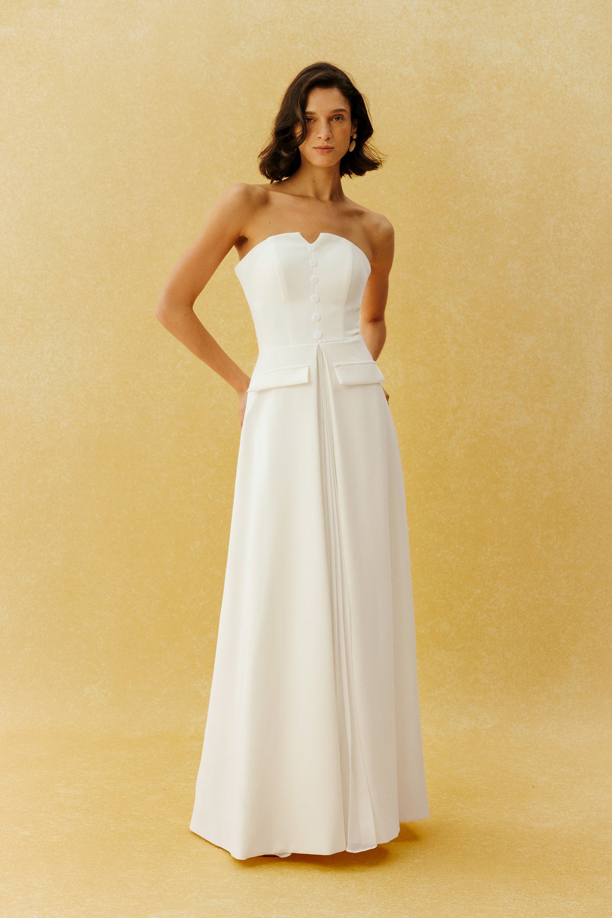 Classic Beauty White Strapless Button Front Maxi Dress