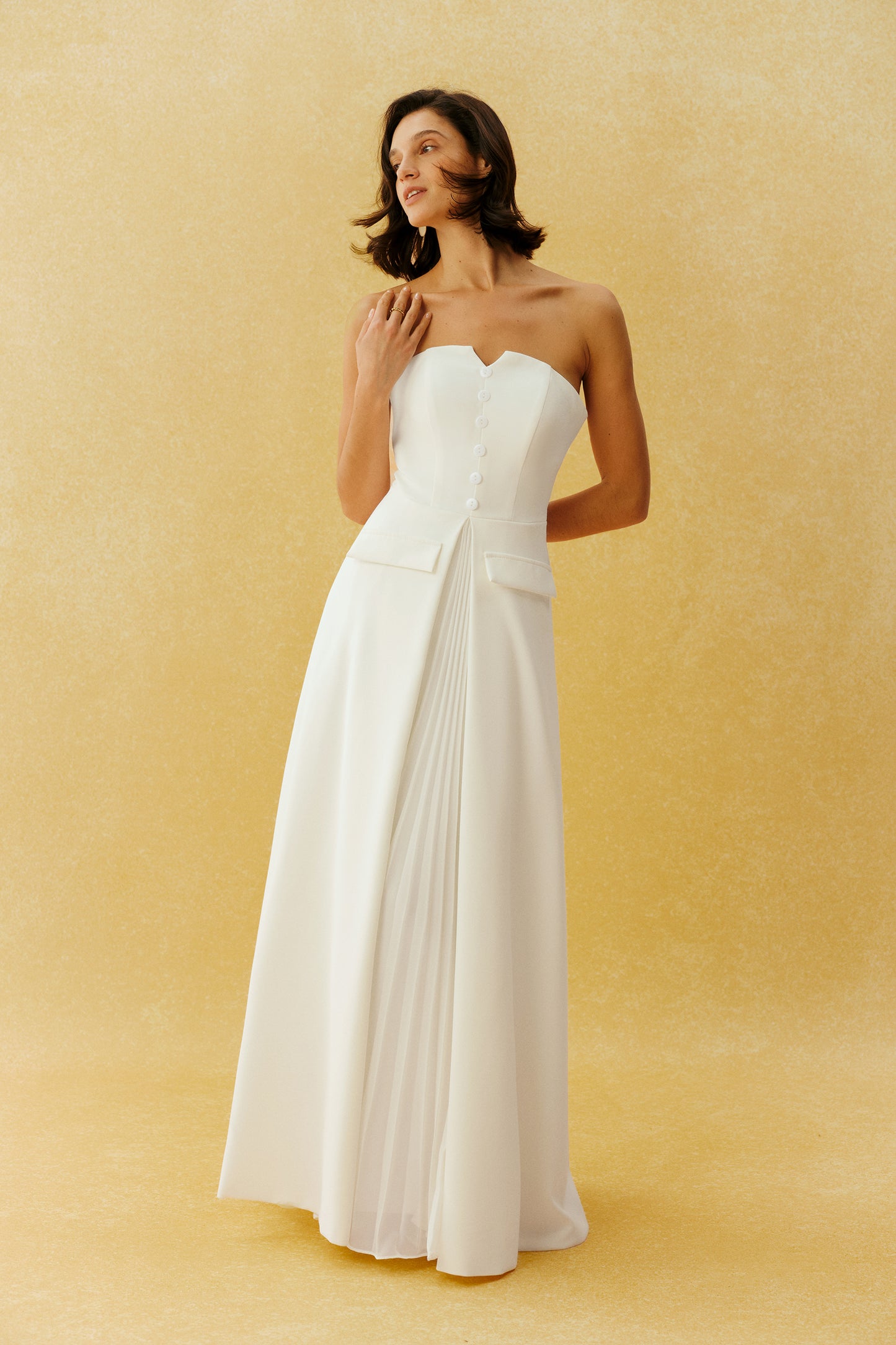 Classic Beauty White Strapless Button Front Maxi Dress