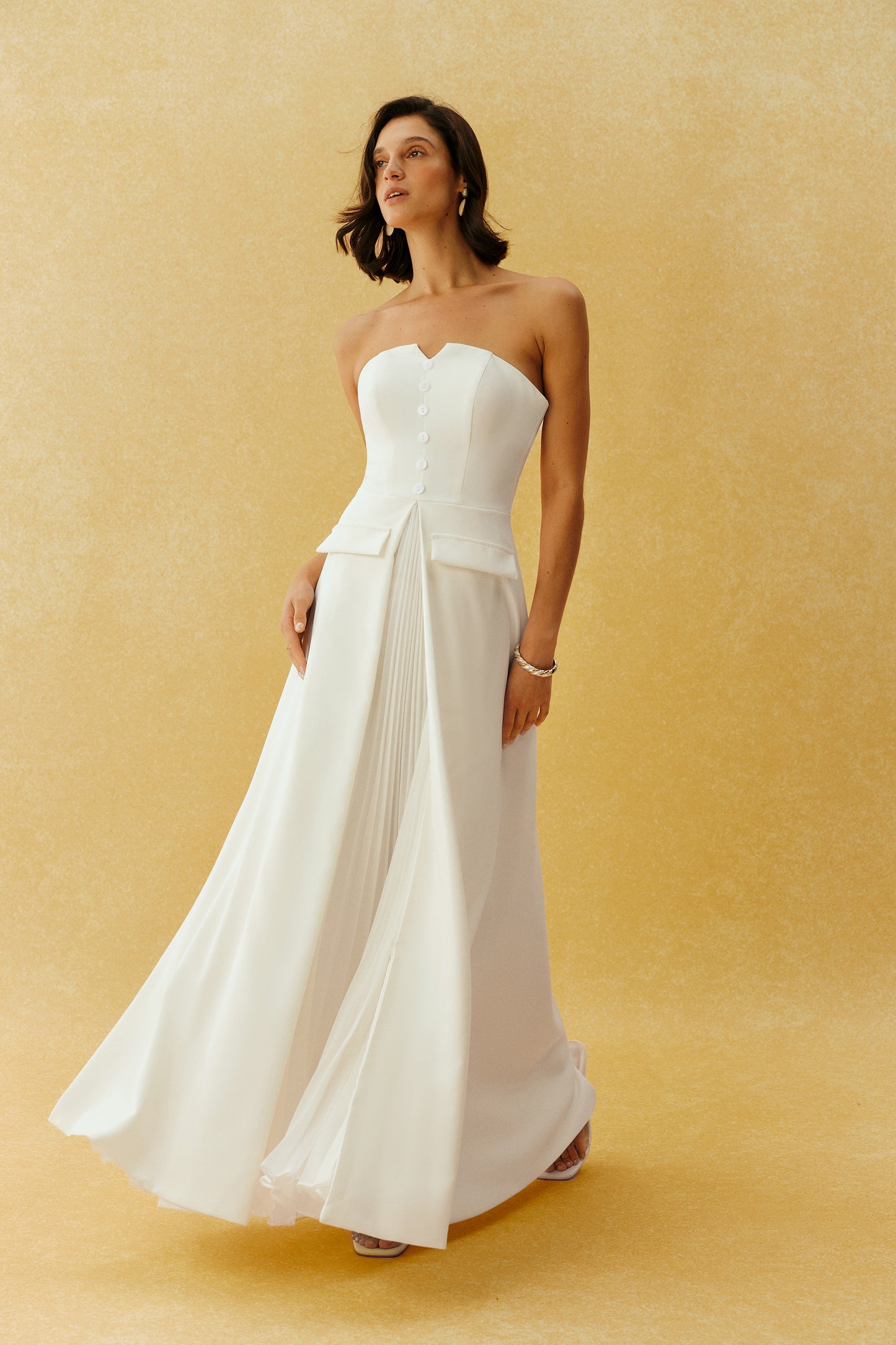 Classic Beauty White Strapless Button Front Maxi Dress