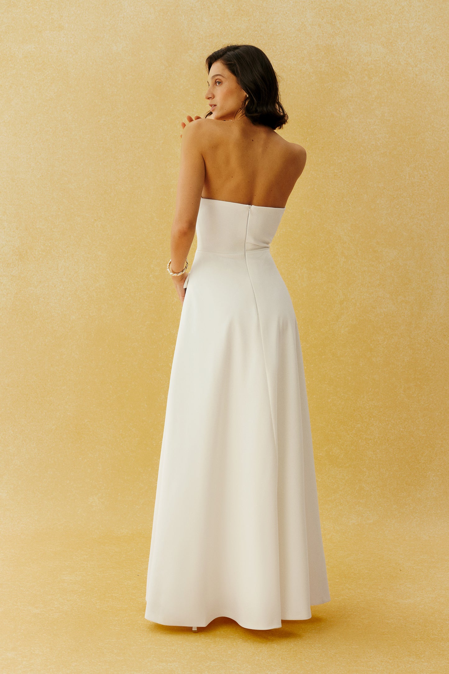 Classic Beauty White Strapless Button Front Maxi Dress