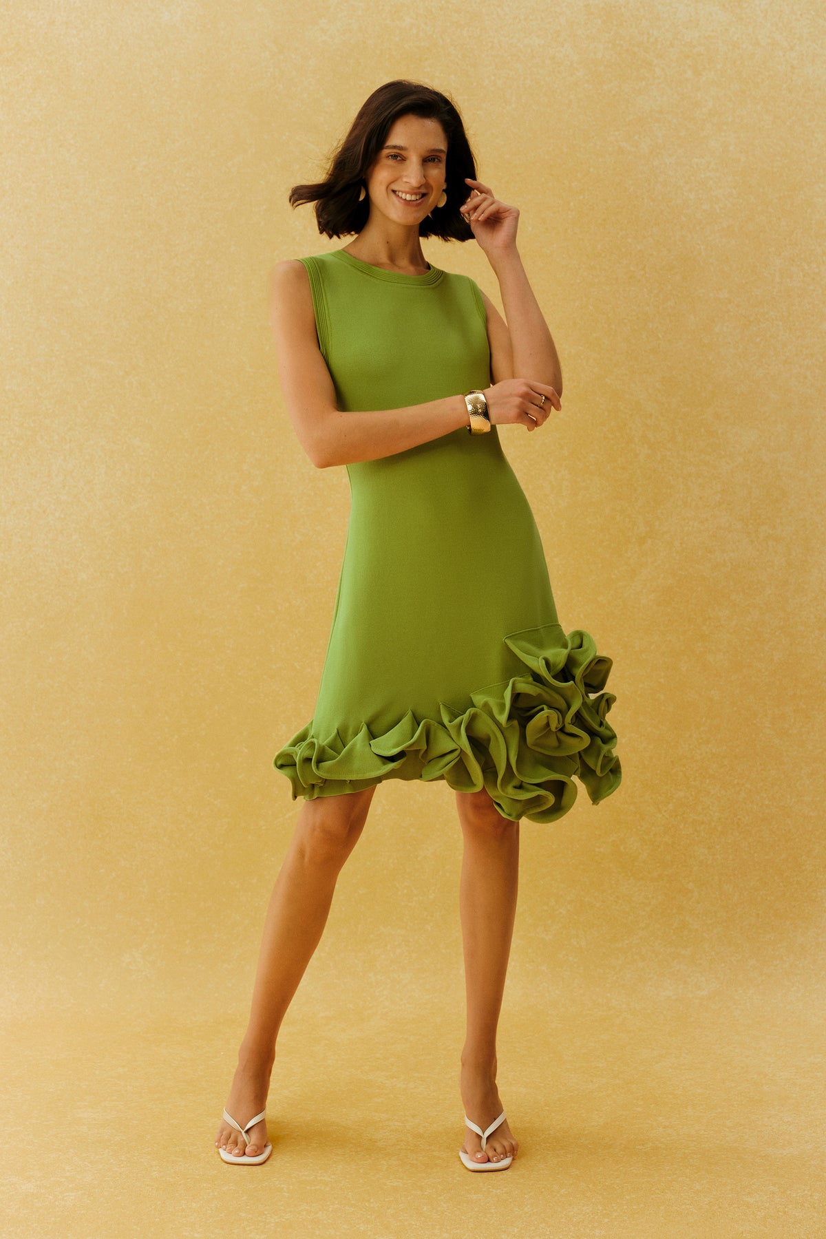 Making Memories Green Sleeveless Ruffle Hem Knit Mini Dress