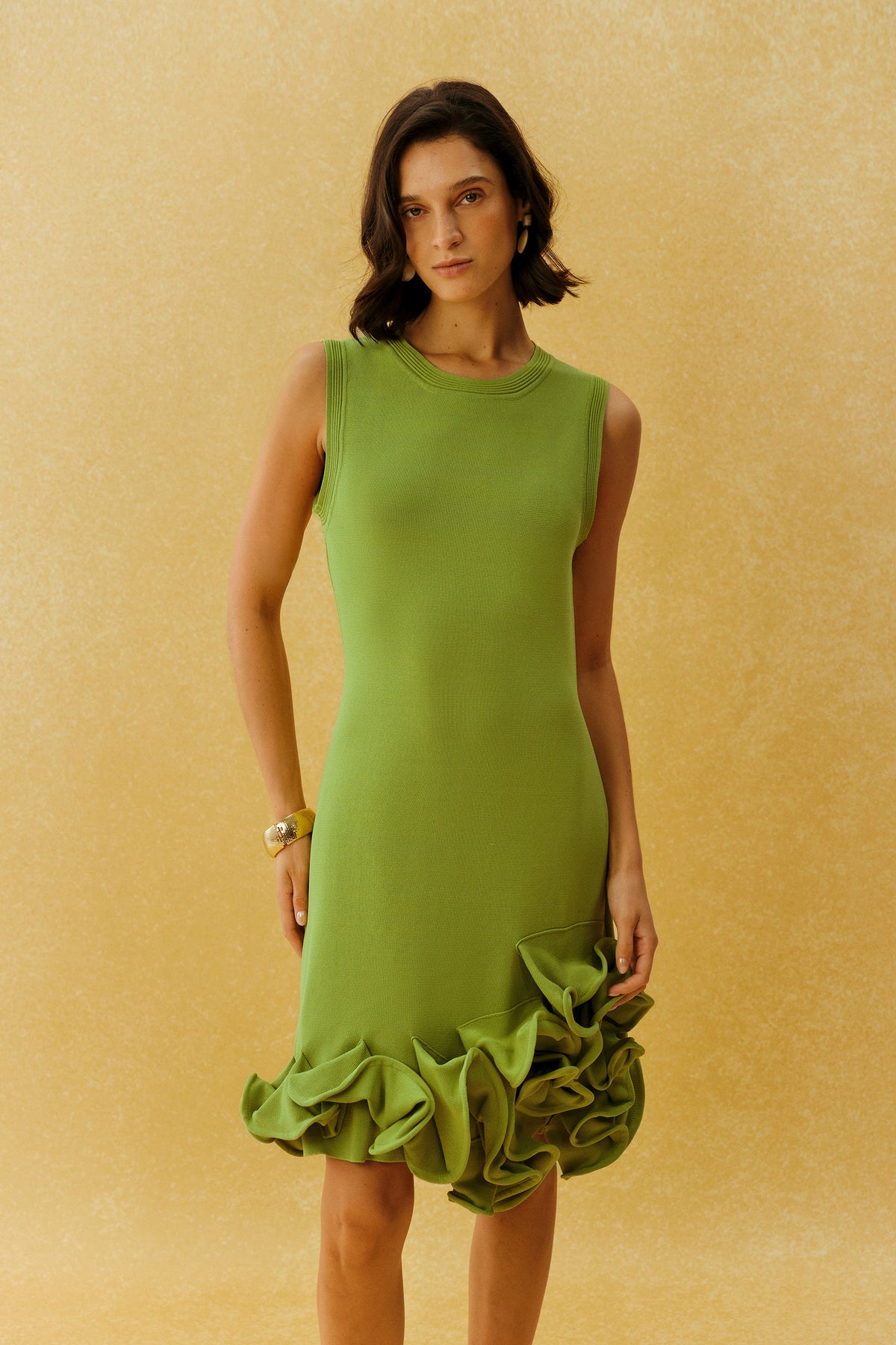 Making Memories Green Sleeveless Ruffle Hem Knit Mini Dress