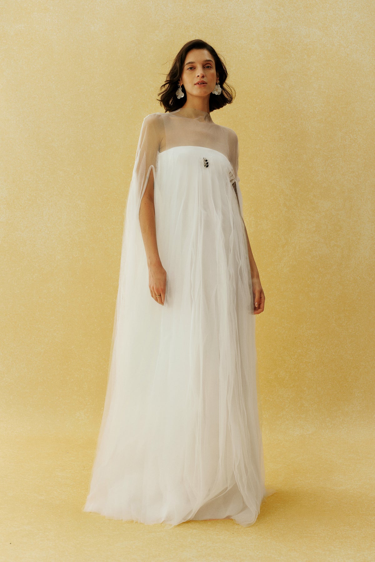 Following My Heart White Sheer Cape Sleeve Tulle Maxi Dress