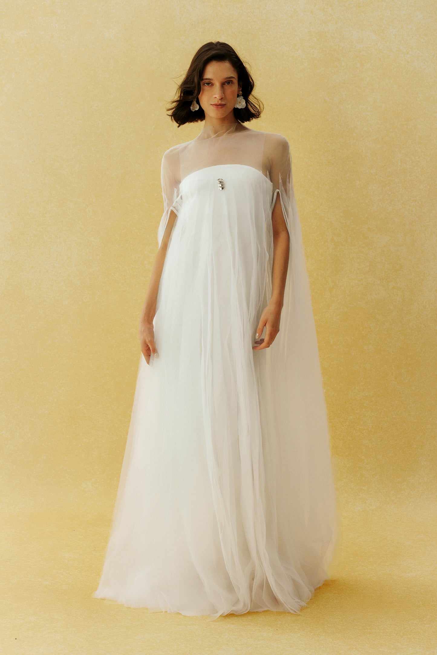 Following My Heart White Sheer Cape Sleeve Tulle Maxi Dress