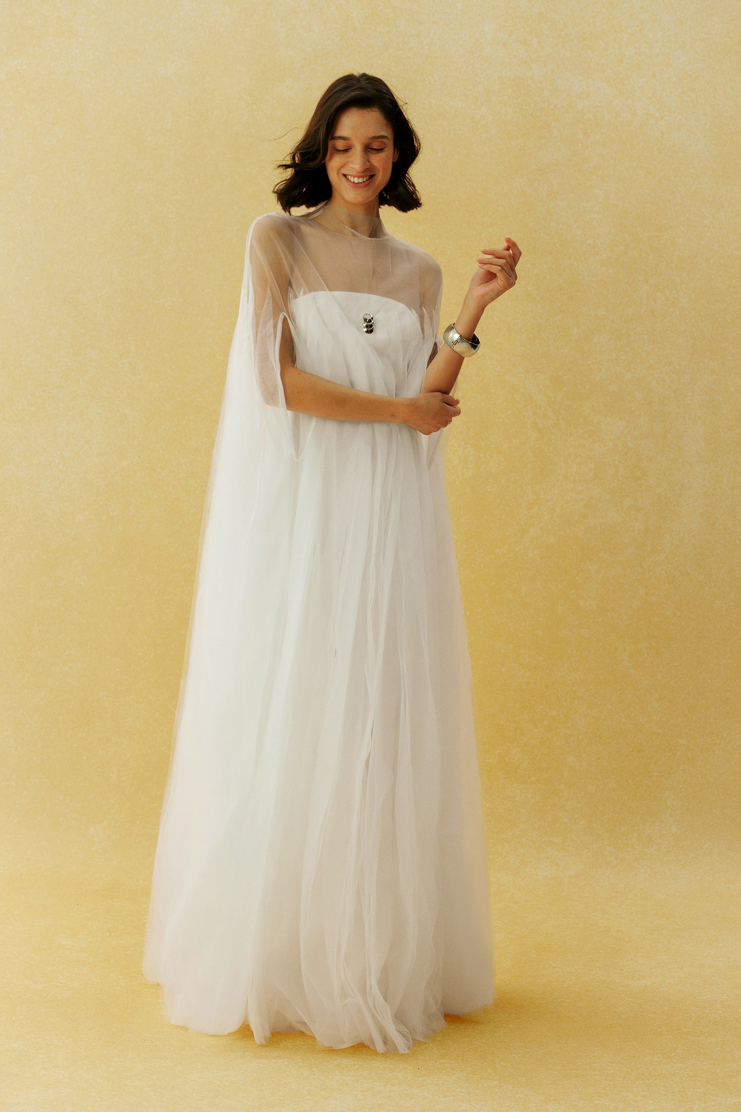 Following My Heart White Sheer Cape Sleeve Tulle Maxi Dress