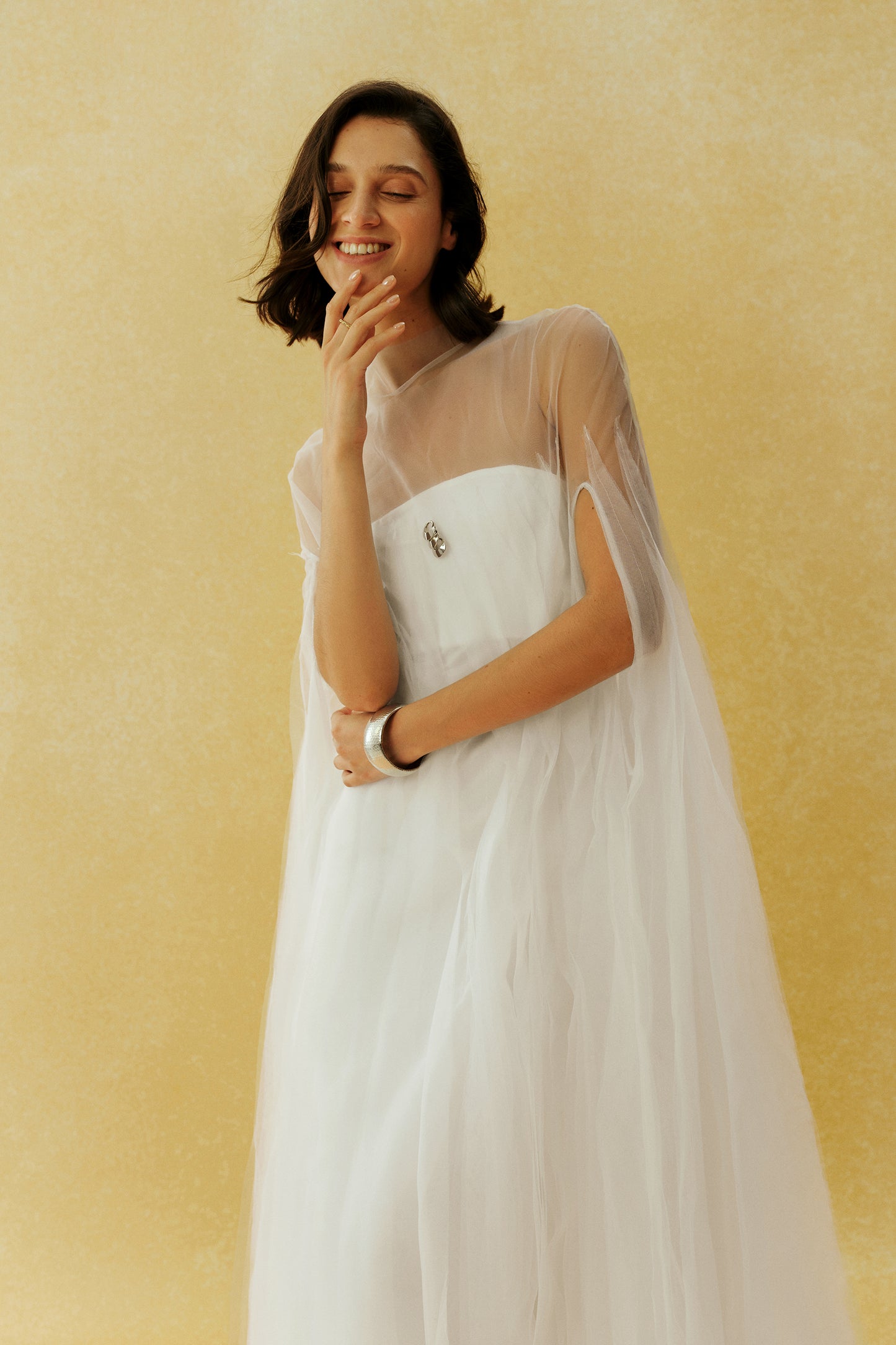 Following My Heart White Sheer Cape Sleeve Tulle Maxi Dress