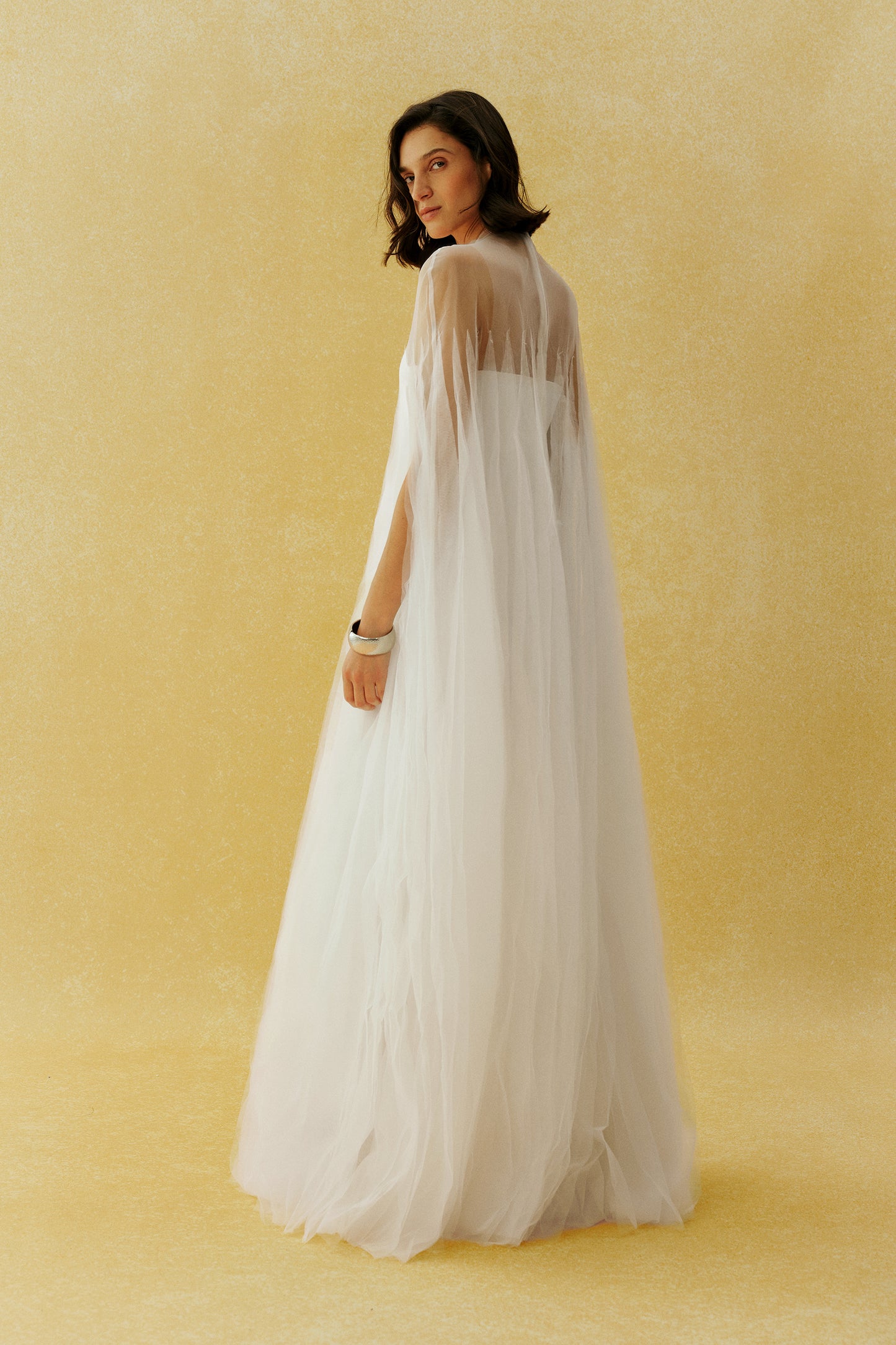 Following My Heart White Sheer Cape Sleeve Tulle Maxi Dress