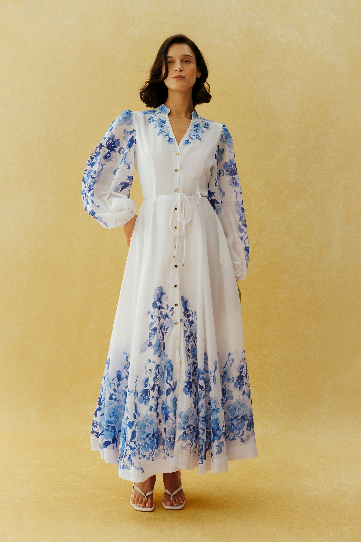 Naturally Charming White Floral Print Stand Collar Maxi Dress