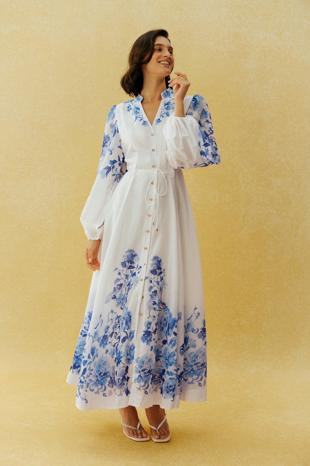 Naturally Charming White Floral Print Stand Collar Maxi Dress