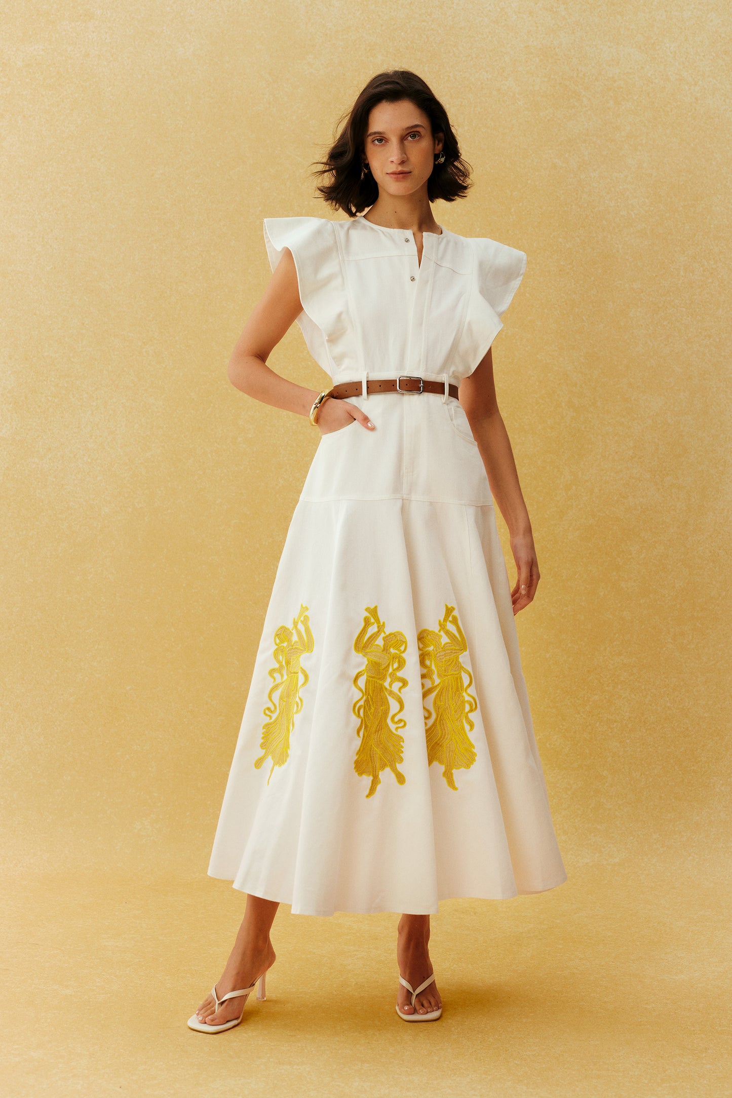 Something Lovely White Figure Embroidery Ruffle Sleeve Maxi Dress